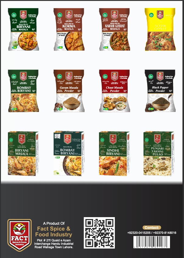 Professional spice catalog display featuring various FACT Spice products with detailed descriptions and pricing